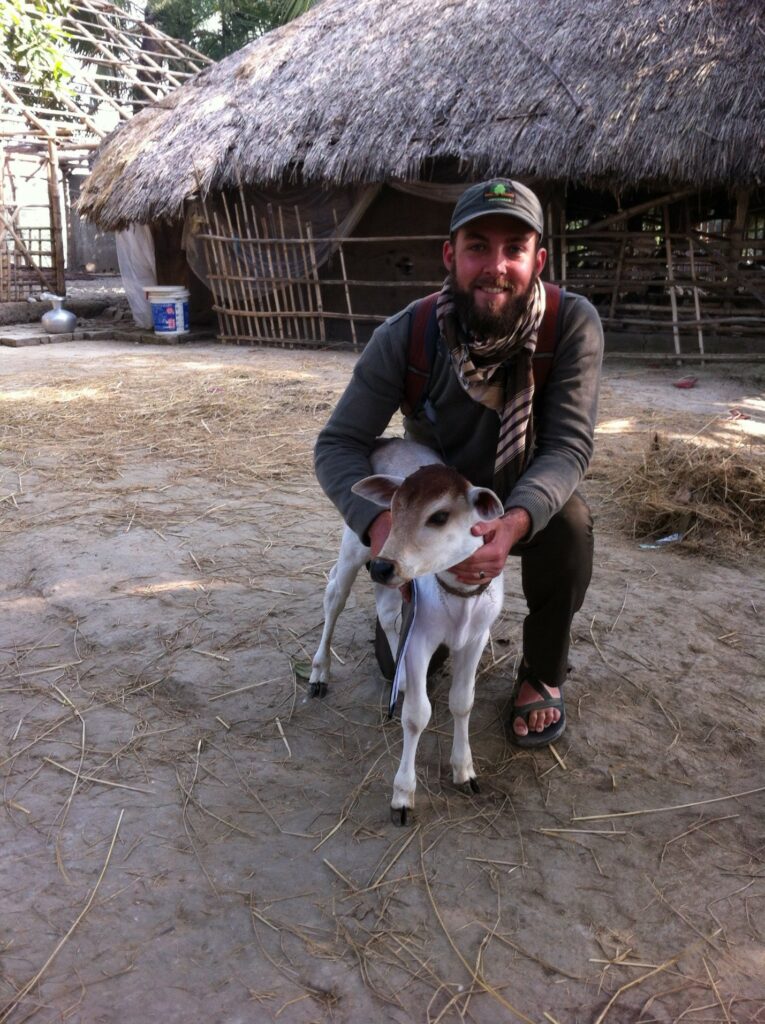 Aaron Shew in Bangladesh with calf