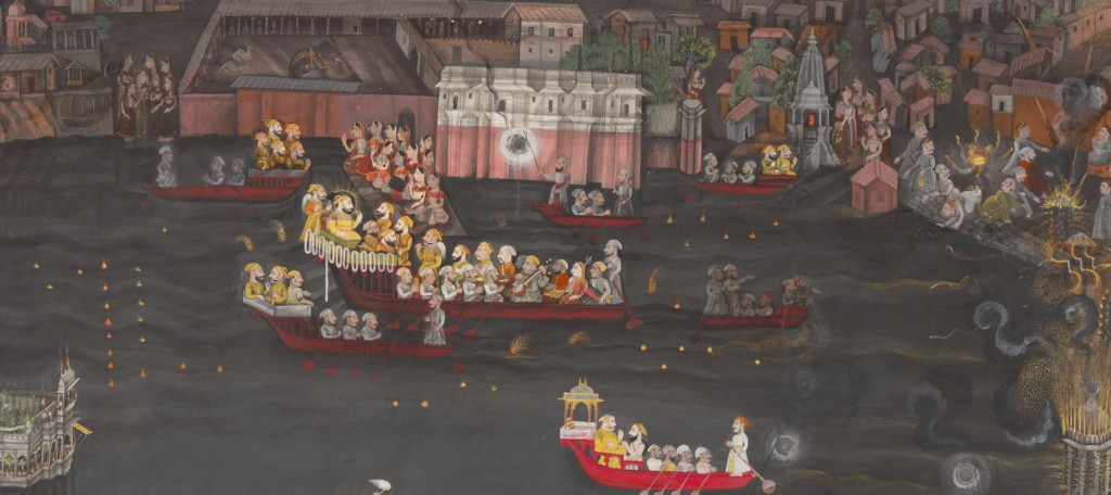 Maharana Sangram Singh II at the Gangaur Boat Procession, c. 1715–20, Udaipur. Gouache and gold on paper, 78.7 x 78.74 cm. The City Palace Museum, Udaipur; 2012.19.0014_R. Photography courtesy of the Freer Gallery of Art and Arthur M. Sackler Gallery, Smithsonian Institution. Photographer: Neil Greentree. © Maharana of Mewar Charitable Foundation, The City Palace Museum, Udaipur. (Khera, The Place of Many Moods, Fig. I.4)
